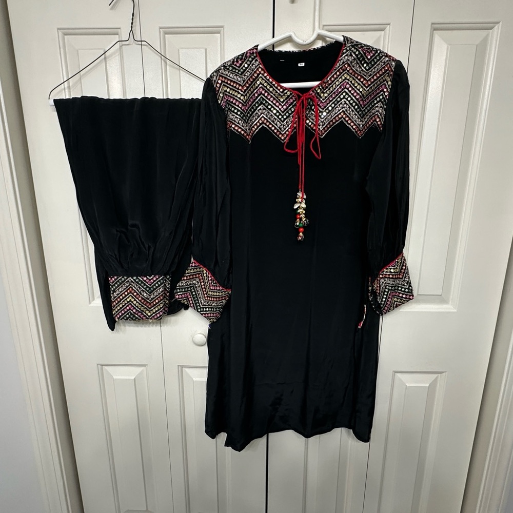 Sale‼️Black Afghani-style Salwaar Kameez with Multi-color Embroidery in size 23”